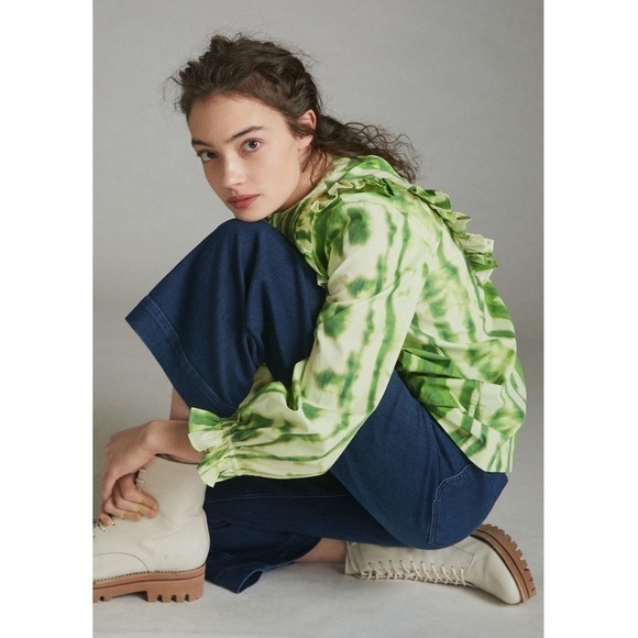 Nwt Anthropologie Emilia Ruffled Tie-Dye Blouse Top Shirt Green Motif New - Picture 1 of 11